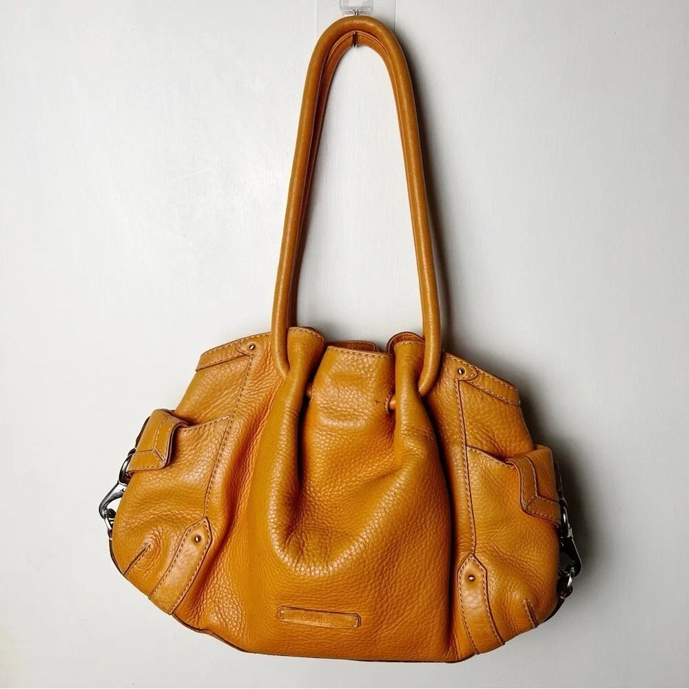 Cole Haan - Women's Vintage Pebbled Leather Orange Hobo Purse Slouchy Ruched Y2K